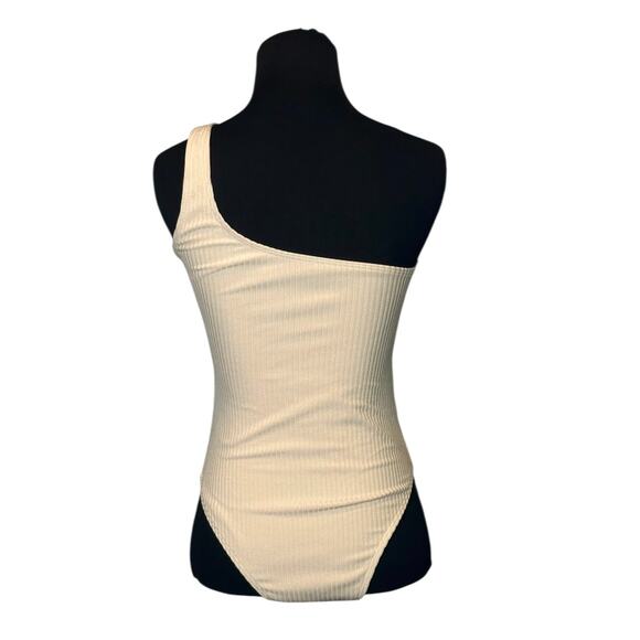 Beige ribbed one shoulder front belted one piece swimsuit size Small - Picture 7 of 14